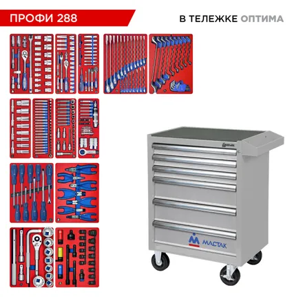 Фото №24 Набор инструментов 288 предметов, quot;ПРОФИ 288 quot;, в серой тележке МАСТАК 52-06288G