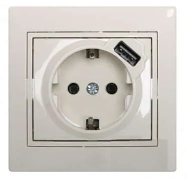 Фото №0 Розетка 1-м СП Мира 16А с з/к +USB крем. LEZARD 701-0303-181