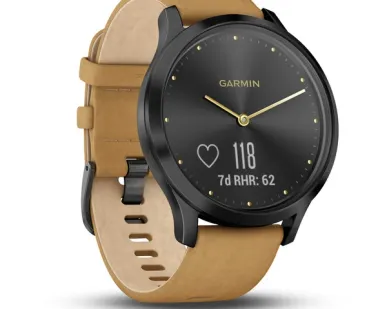 фото Часы Garmin Vivomove HR Premium черный оникс с светло-коричневым кожаным ремешком