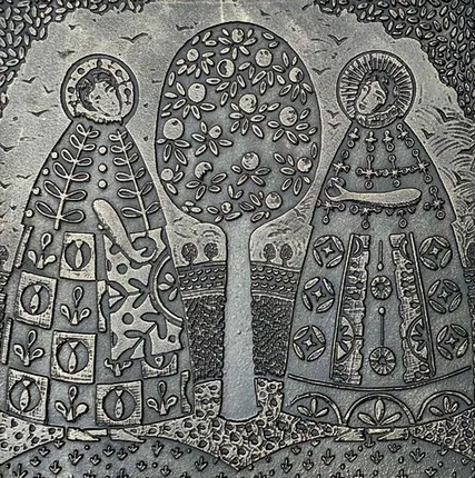 Фото №0 Чугунная плитка "Святые собирающие яблоки"