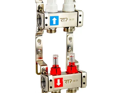 фото Коллекторная группа с расходомером и кронштейном (евроконус 3/4") нержавеющая сталь SUS 304 1"х 2 выхода, RTP