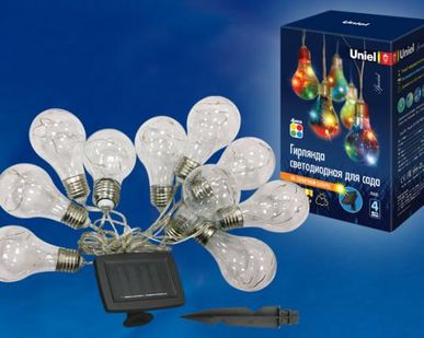 фото гирлянда садовая USL-C126/PT4000 BULBS Садовая гирлянда на солнечной батарее «Лампочки». 10 светодиодов. Разноцветный свет. 1*АA Ni-Mh аккумулятор в/к. IP44. TM Uniel.