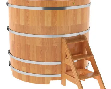 фото Купель для бани из сращенной лиственницы круглая D = 1,5 м (натуральная, Н = 1,4 м)