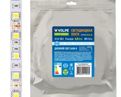фото Светодиодная лента ULS-Q320 2835-60LED/m-8mm-IP20-DC12V-4,8W/m-5M-6500K Гибкая светодиодная лента на самоклеящейся основе. Катушка 5 м. в герметичной упаковке. Дневной свет(6500K). ТМ Volpe.