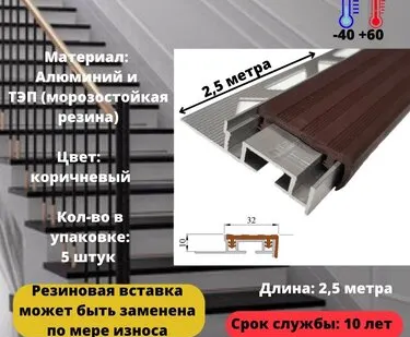 фото Противоскользящий закладной алюминиевый профиль для ступеней ALPBM 32 мм c коричневой резиновой вставкой, длина 2.5 метра, 5 штук