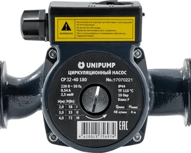 фото Циркуляционный насос UNIPUMP CP 32-40 180 мм с гайками, напор 4 м, диаметр 32 мм, расход 48 л\мин, 3 скорости, 38835