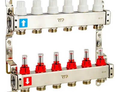 фото Коллекторная группа с расходомером и кронштейном (евроконус 3/4") нержавеющая сталь SUS 304 1"х 6 выходов, RTP