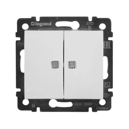 Фото №0 Выключатель 2-кл. СП Valena 10А IP31 250В с зел. подсветкой механизм бел. Leg 774428