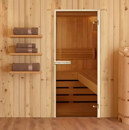 Фото №0 Дверь стеклянная с деревянной коробкой для сауны, бани