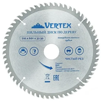 Фото №0 Диск пильный по дереву и дсп 210*32(30)мм, 60 зубов, Vertextools 210-60-32