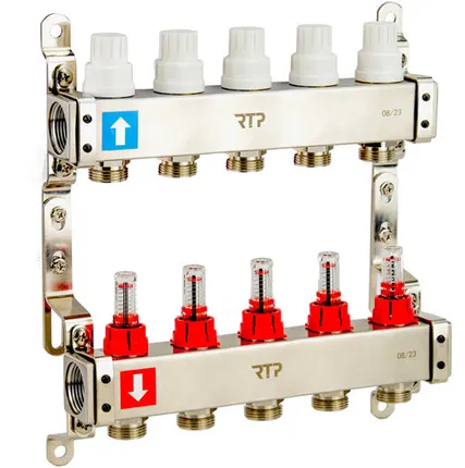 Фото №0 Коллекторная группа с расходомером и кронштейном (евроконус 3/4") нержавеющая сталь SUS 304 1"х 5 выходов, RTP