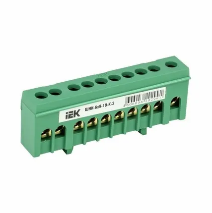 Фото №0 Шина в корпусном изоляторе на DIN рейку 10 мест зеленая IEK