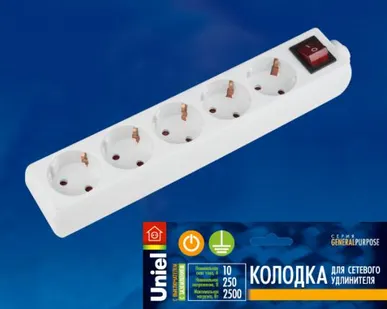 фото Колодка для удлинителя K-GCP5-10B WHITE Колодка для удлинителя Uniel, с выключателем. 5 гнезд, с/з, 10A, 2200Вт. Белый. ТМ Uniel