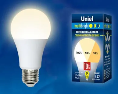 фото Лампа LED-A60-10W/WW/E27/FR/MB PLM11WH Лампа светодиодная. Форма «А», матовая. Серия MULTIbright. Теплый белый свет (3000K). 100-50-10. Картон. ТМ Uniel.