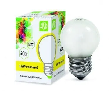 фото Лампа накаливания Е27, 60W, P45 шарFR (матовый) ASD