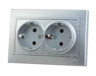 фото Розетка 2-м СП Мира керам. с заземл. метал. сер. LEZARD 701-1010-127