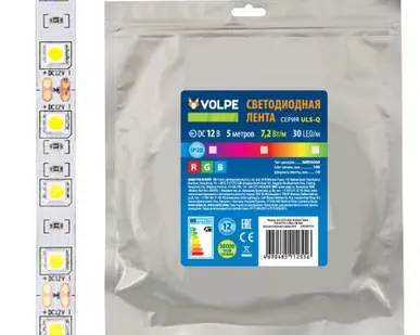фото Светодиодная лента ULS-Q210 5050-30LED/m-10mm-IP20-DC12V-7,2W/m-5M-RGB Гибкая светодиодная лента на самоклеящейся основе. Катушка 5 м. в герметичной упаковке. RGB. ТМ Volpe.