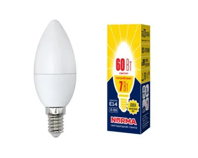 фото Лампа LED-C37-7W/WW/E14/FR/NR Лампа светодиодная. Форма "свеча", матовая. Серия Norma. Теплый белый свет (3000K). Картон. ТМ Volpe