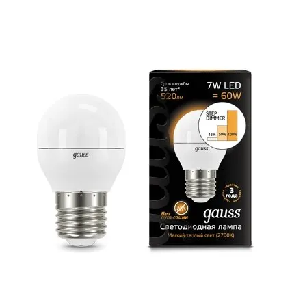 Фото №0 Светодиодная лампа Gauss Шар 7W 520Lm 3000K E27 105102107-S
