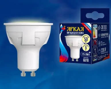 фото Лампа LED-JCDR 6W/WW/GU10/FR PLP01WH Лампа светодиодная. Форма «JCDR», матовая. Серия ЯРКАЯ. Теплый белый свет (3000K). Картон. ТМ Uniel