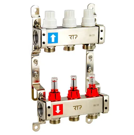 Фото №0 Коллекторная группа с расходомером и кронштейном (евроконус 3/4") нержавеющая сталь SUS 304 1"х 3 выхода, RTP