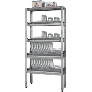 Фото №0 Стеллаж кухонный для тарелок и стаканов Финист СтПНп(925х300х1600) 5 полок сплошных нерж. 0,8мм, 2 полки д/тарелок, 2 полки д/стаканов