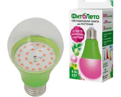 фото Лампа LED-A60-8W/SPSB/E27/CL PLP30GR Лампа светодиодная для растений. Форма "A", прозрачная. Спектр для рассады и цветения. Картон. ТМ Uniel