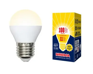 фото Лампа LED-G45-11W/WW/E27/FR/NR Лампа светодиодная. Форма "шар", матовая. Серия Norma. Теплый белый свет (3000K). Картон. ТМ Volpe