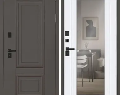 фото Входная дверь ТЕРМО Тайга муар коричневый-зеркало белый матовый АСД