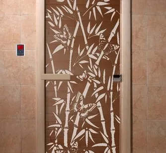 фото Дверь "Бамбук и бабочки" (бронза матовое) 190х70, 8 мм, 3 петли, коробка ольха. Банный Эксперт