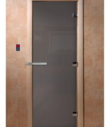 Фото №0 Дверь Графит матовое 190*70, 8 мм, 3 петли, коробка ольха, Банный Эксперт