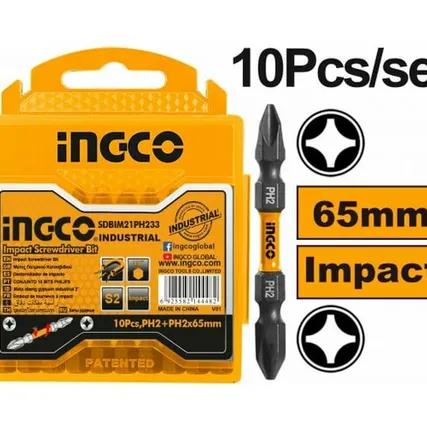 Фото №0 Набор бит, 10 бит: PH2+PH2х65мм,сталь S2 в пласт.держателе /двухстор./ "INDUSTRIAL" / INGCO