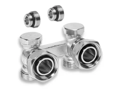 фото Узел Н-образный для нижнего подключения радиатора угловой, латунь 3/4", индивидуальная упаковка, никелированный, RTP