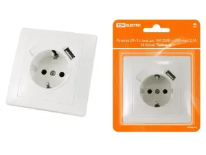Фото №0 Розетка 2П+З с защ. шт. 16А 250В + USB порт 2,1А 5В белая "Таймыр" TDM