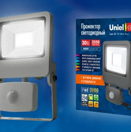Фото №0 Прожектор ULF-F37-30W/NW С датчиком движения IP54 195-240В SILVER Прожектор светодиодный с датчиком движения и освещенности. Белый свет (4000K). Корпус серебристый. TM Uniel.