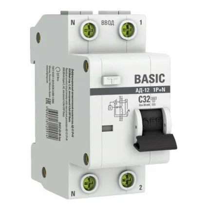 Фото №0 Выключатель автоматический дифференциальный 1P+N 32А 30мА электронный тип АС C 4.5кА АД-12 Basic
