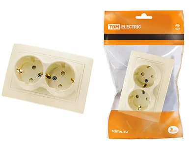 фото Розетка двойная с заземлением с защитными шторками 16А слоновая кость "Таймыр"