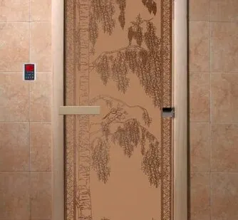 фото Дверь "Березка" (бронза матовое) 190х70, 8 мм, 3 петли, коробка ольха. Банный Эксперт