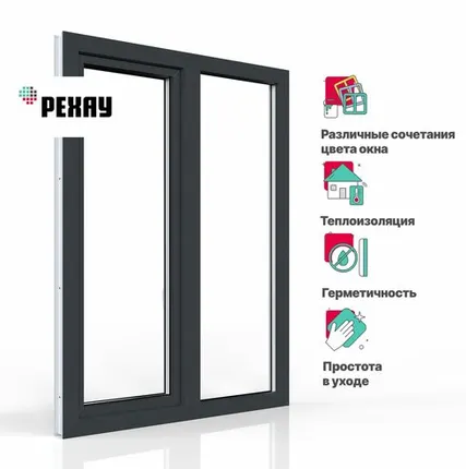 Фото №0 REHAU Пластиковое окно ПВХ REHAU BLITZ 1500х1200 мм (ВхШ) с учетом подставочного профиля, двухстворчатое, глухое левое / поворотно-откидное правое, двухкамерный стеклопакет, антрацитово-серый снаружи