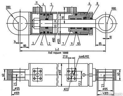 Фото №0 Гидроцилиндр 125x80x1000 стрелы и опоры ЭО-3322,3326 (штуцер)