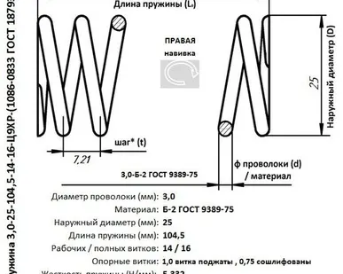 фото Пружина 3,0-25-104,5-14-16-Ц9ХР-(1086-0833 ГОСТ 18793-80)