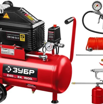 Фото №0 ЗУБР 240 л/мин, 24 л, 1500 Вт, 6 предметов, масляный компрессор (КПМ-240-24 Н6)