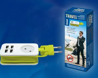 фото Удлинитель S-CT1-1,5U WHITE/GREEN Удлинитель серии Travel, шнур 1,5м., 1 гнездо, б/з, 4USB(2,1A). Белый с салатовым. ТМ Uniel