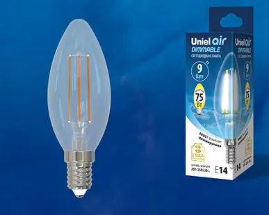 фото Лампа LED-C35-9W/4000K/E14/CL/DIM GLA01TR Лампа светодиодная диммируемая. Форма "свеча", прозрачная. Серия Air. Белый свет (4000K). Картон. ТМ Uniel.