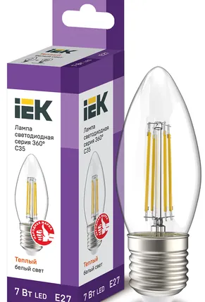 Фото №0 IEK Лампа светодиод. 7/3000/Е27/С35 прозрачный свеча филамент IEK