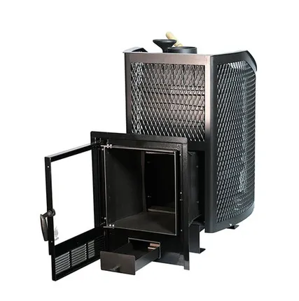 Фото №0 Печь для бани чугунная Сибирь Амур с закрытой каменкой панорамная дверка (сетка)