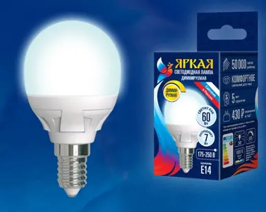 фото Лампа LED-G45 7W/4000K/E14/FR/DIM PLP01WH Лампа светодиодная, диммируемая. Форма «шар», матовая. Серия Яркая. Белый свет (4000K). Картон. ТМ Uniel.