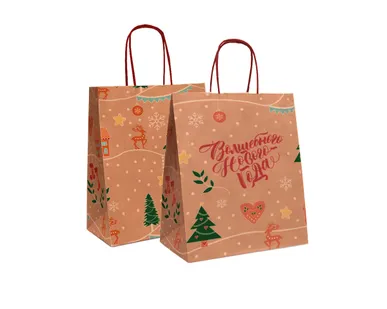 фото Бурый крафт пакет с кручеными ручками «Волшебного нового года», 28х24х14 см