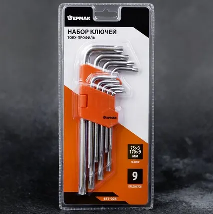 Фото №0 Набор шестигранных ключей 9 шт, 75х3, 170х9 мм, TORX - профиль ЕРМАК 657-024