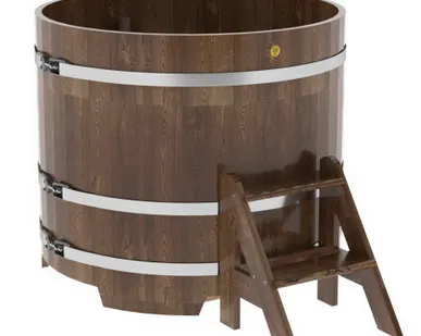 фото Купель для бани из сращенной лиственницы круглая D = 1,17 м (мореная, Н = 1,0 м)